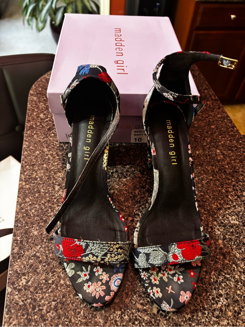 Madden Girl Black Floral Embroidered Ankle-Strap Heels with Red Accents